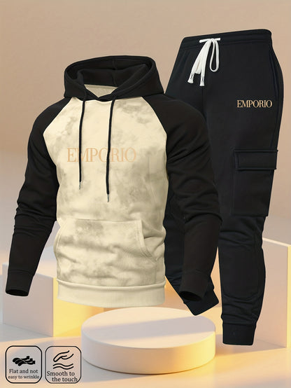 New Trendy Fashion Raglan Sleeve Colorblock Hoodie and Loose Cuffed Drawstring Cargo Pants with Multiple Pockets, Casual Daily Comfortable Versatile Breathable Hooded Sweatshirt and Loose Long Pants 2pcs Set with Stylish Prin