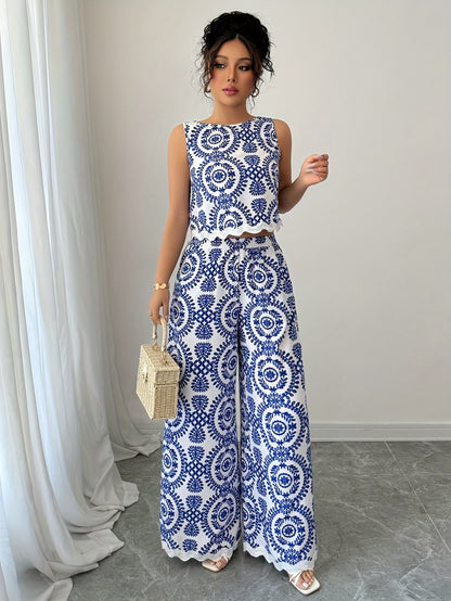 2pcs Women's Plant Pattern Round Neck Sleeveless Top and Pants Set