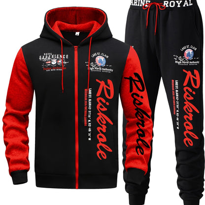 Men's Hooded Letter Print Tracksuit, 2pcs Casual Sports Set, Fashion Hoodie With Full-zip And Elastic-waist Pants, Regular Fit, Outdoor Cloth