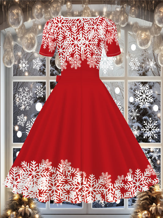 Women's Elegant Red & White Winter Snowflake & Snowman Print A-Line Dress with Square Neckline - Machine Washable Floor-Length Party Dress for Christmas, New Year's Eve, Everyday Winter Outfits - Festive Party Attire with Poi