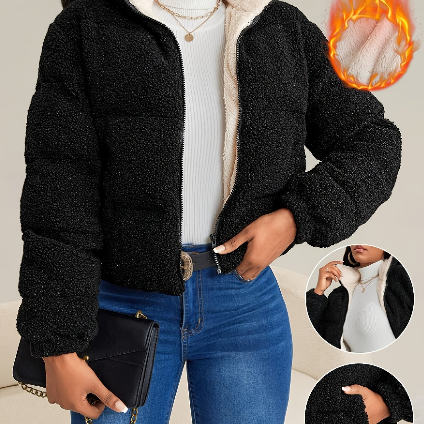 Women's Winter Warm Faux Fur Coat with Plush Lining - Full-Zip Long Sleeve Solid Black Jacket, Machine Washable Casual Outerwear for Cold Weather, Faux Fur Collar & Plush Lining, Versatile Everyday Coat