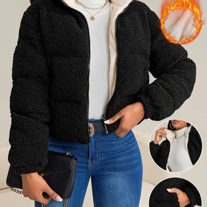 Women's Winter Warm Faux Fur Coat with Plush Lining - Full-Zip Long Sleeve Solid Black Jacket, Machine Washable Casual Outerwear for Cold Weather, Faux Fur Collar & Plush Lining, Versatile Everyday Coat