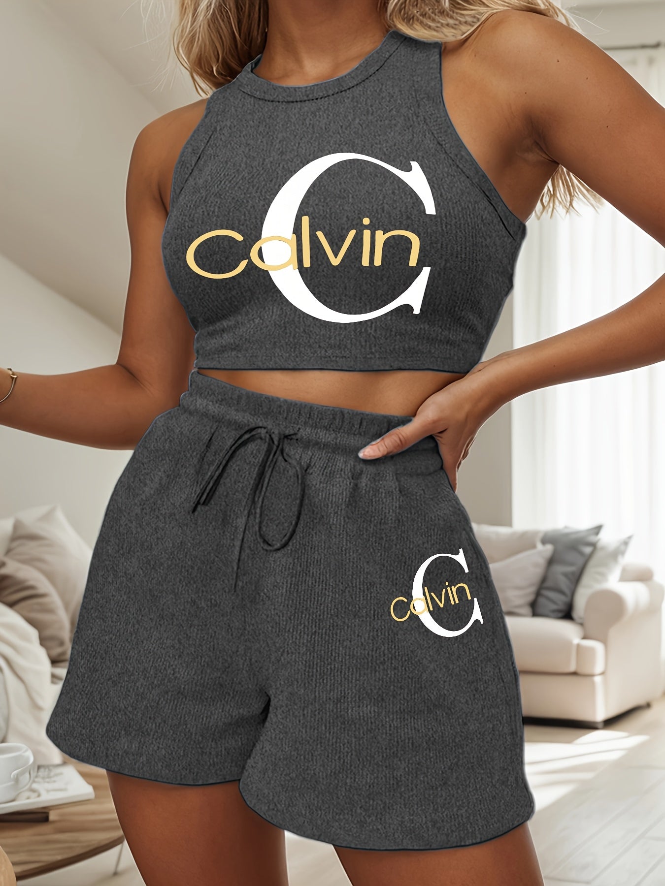 Women's Casual Two-Piece Set with Graphic Print Vest & Shorts