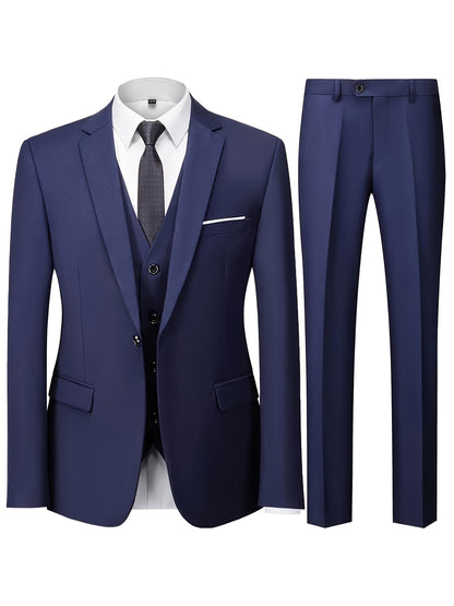 Men's 3-Piece Polyester Suit Set with Jacket, Vest & Trousers