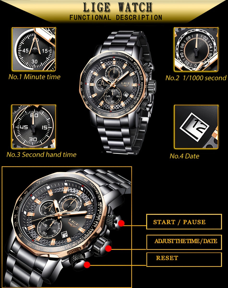 LIGE Watches Fashion Junior Men's Sports Multifunctional Quartz Watch, IP68 Waterproof Watch, Stainless Steel Band, Precision Chronograph, Stopwatch Date Function, Casual Elegant Vintage Style New Watch, Holiday Gifts - ayq