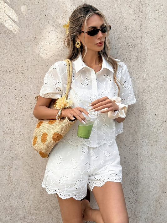Women's Casual Embroidered Collar Short-Sleeve Cardigan and Shorts Set