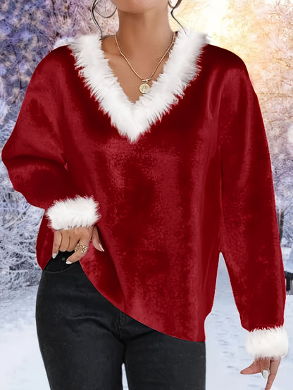 Plus Size - Plus Size - Plus Size, Women'S Elegant Plus Size Christmas Sweater - Long Sleeve Round Neck Winter Warmth with Collar Trim, Stretchy Fabric for Holiday Parties & Casual Attire, Red & Contrast Collar, Ladies Christ