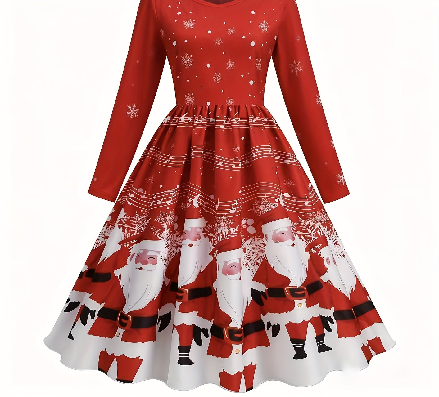 Elegant Christmas Santa Red Comfortable Zippered Long Dress | Draped, Crew Neck, Suitable for Fall/Winter.