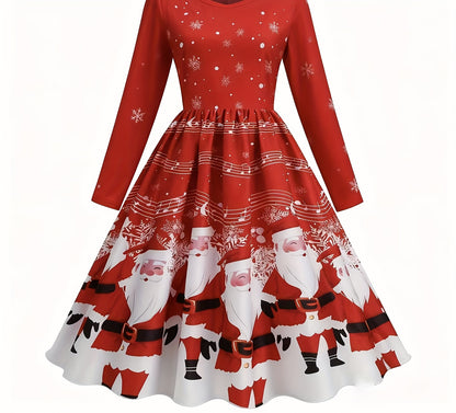 Elegant Christmas Santa Red Comfortable Zippered Long Dress | Draped, Crew Neck, Suitable for Fall/Winter.