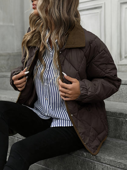 Rhombus Pattern Fashion Women's Top, Collar Spliced Single-Breasted Short Coat, Winter 2024 New Arrival, Contrast Trim, Petite-Friendly Jacket, Fashionable Warm Casual Outerwear, High-Reviewed