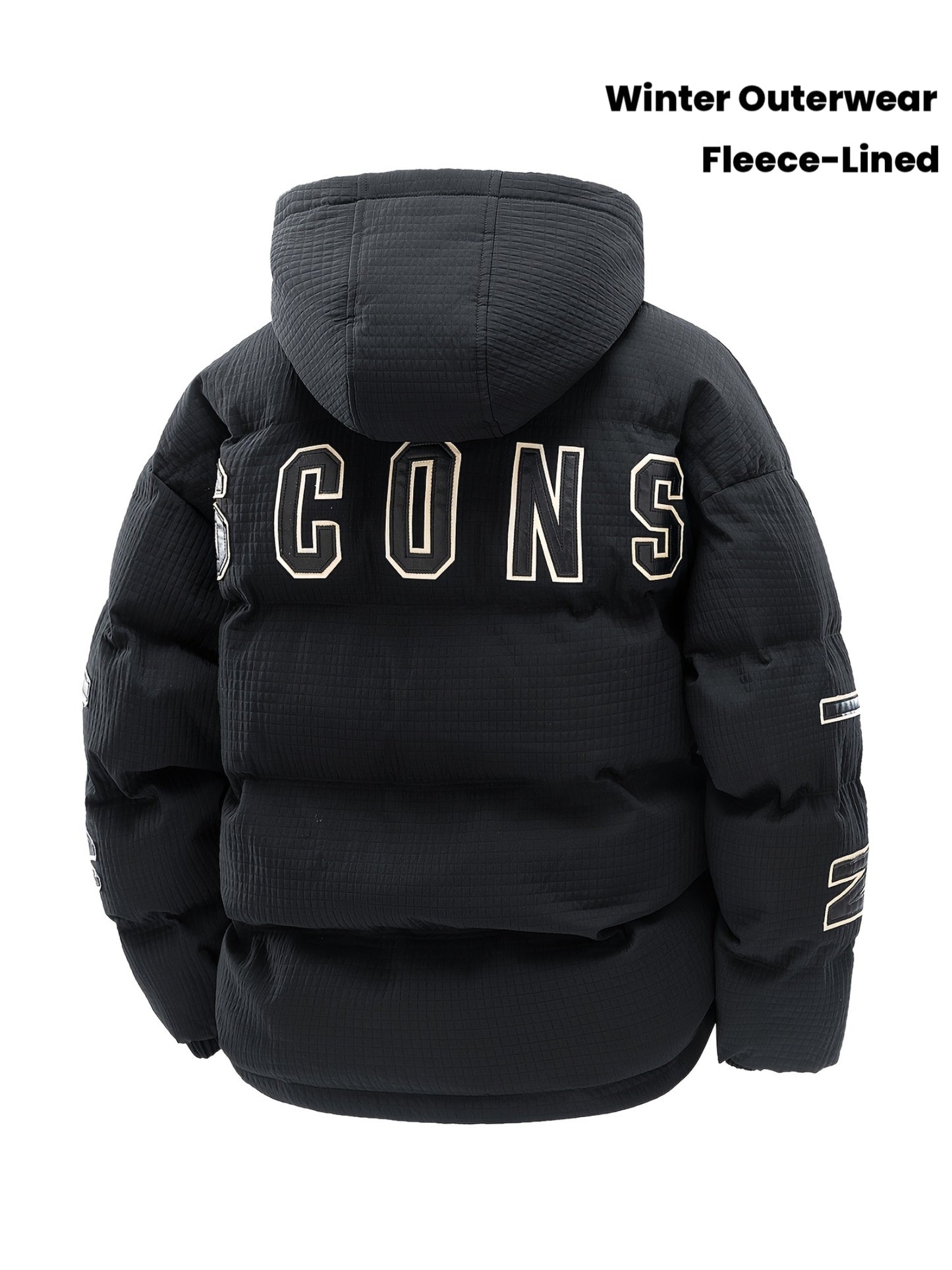 789 Men'S Stylish Thickened Winter Hooded Coat - Warm Fleece-Lined Jacket with "CONS" Letter Design, Loose Fit, White, Casual Winter Outerwear, Winter Jacket