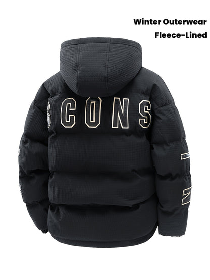 789 Men'S Stylish Thickened Winter Hooded Coat - Warm Fleece-Lined Jacket with "CONS" Letter Design, Loose Fit, White, Casual Winter Outerwear, Winter Jacket