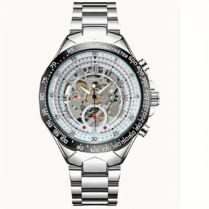 Fashion Statement, Men's Luxury Automatic Mechanical Watch - Elegant Stainless Steel Band, Multi-Function with Sun, Moon, and Stars Display, Transparent Back for Sophisticated Style