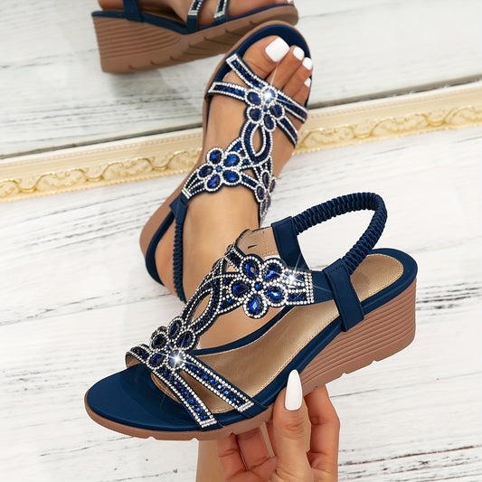 Women'S Rhinestone-Embellished Slip-On Wedge Sandals - Adjustable Straps, Open-Toe Summer Shoes with Thick Platform Heel for Casual  Formal Occasions, Dressy Shoes, Formal Footwear, Comfortable Insole, Synthetic Cover Footwe