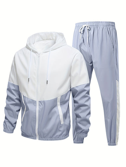 2pcs Men'S Casual Sportswear Set - Color Block Hooded Jacket and Pants, Polyester, Machine Washable, All-Season, with Pockets, Regular Fit, Spring Sportswear|Hooded Sportswear|Machine Washable Fabric