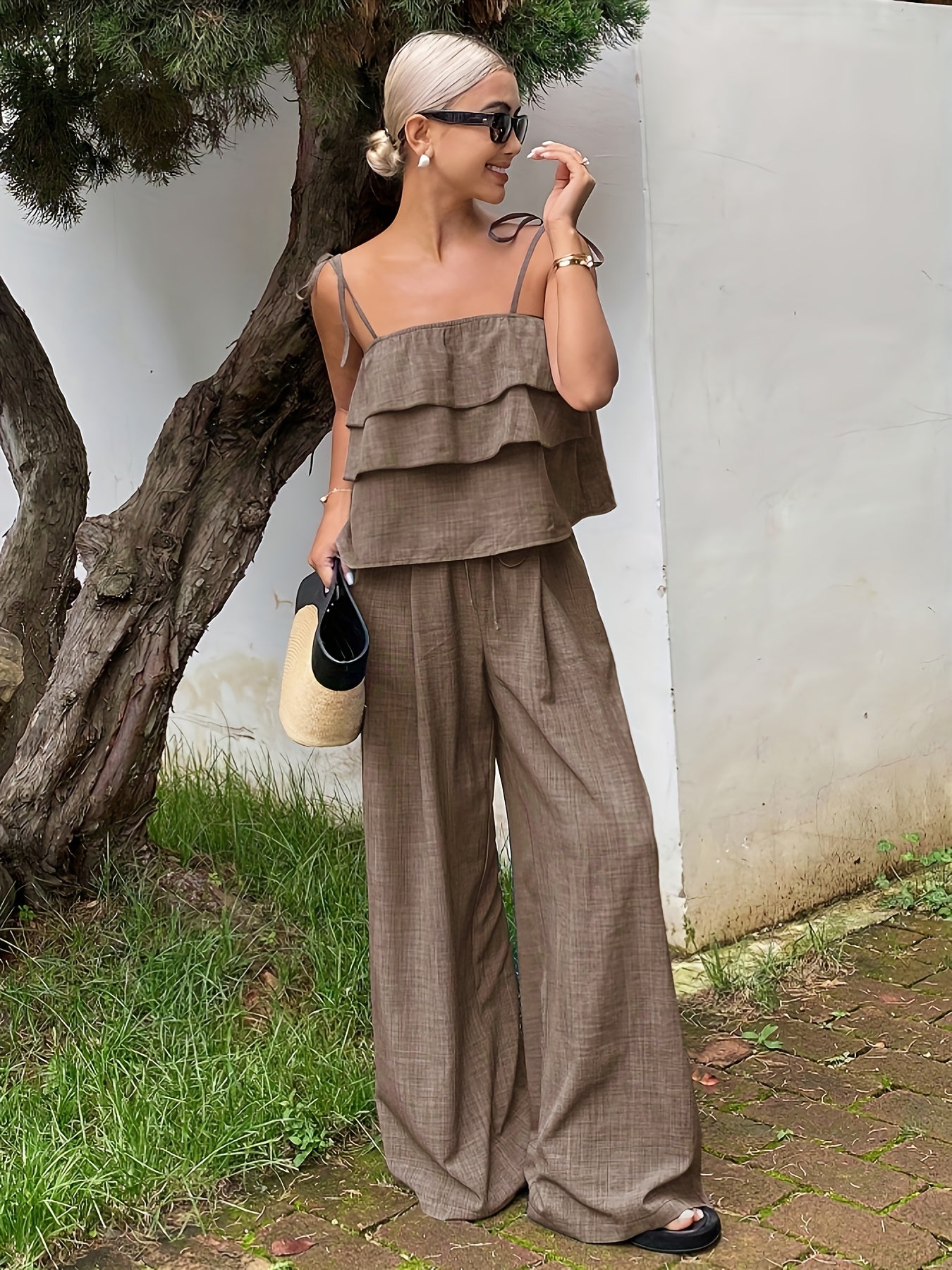 Women’s Ruffled Cami Top & High-Waist Tie-Side Pants Set