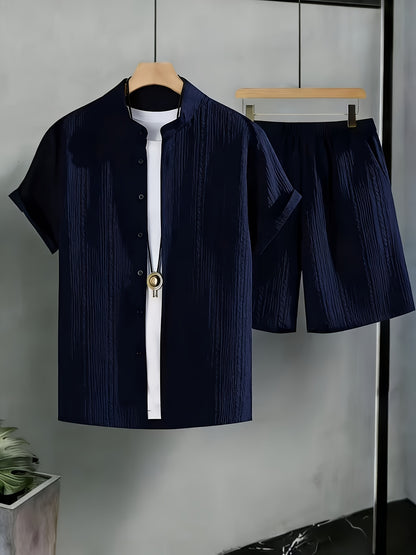 Men's Casual Summer 2-Piece Set: Stand Collar Shirt & Shorts