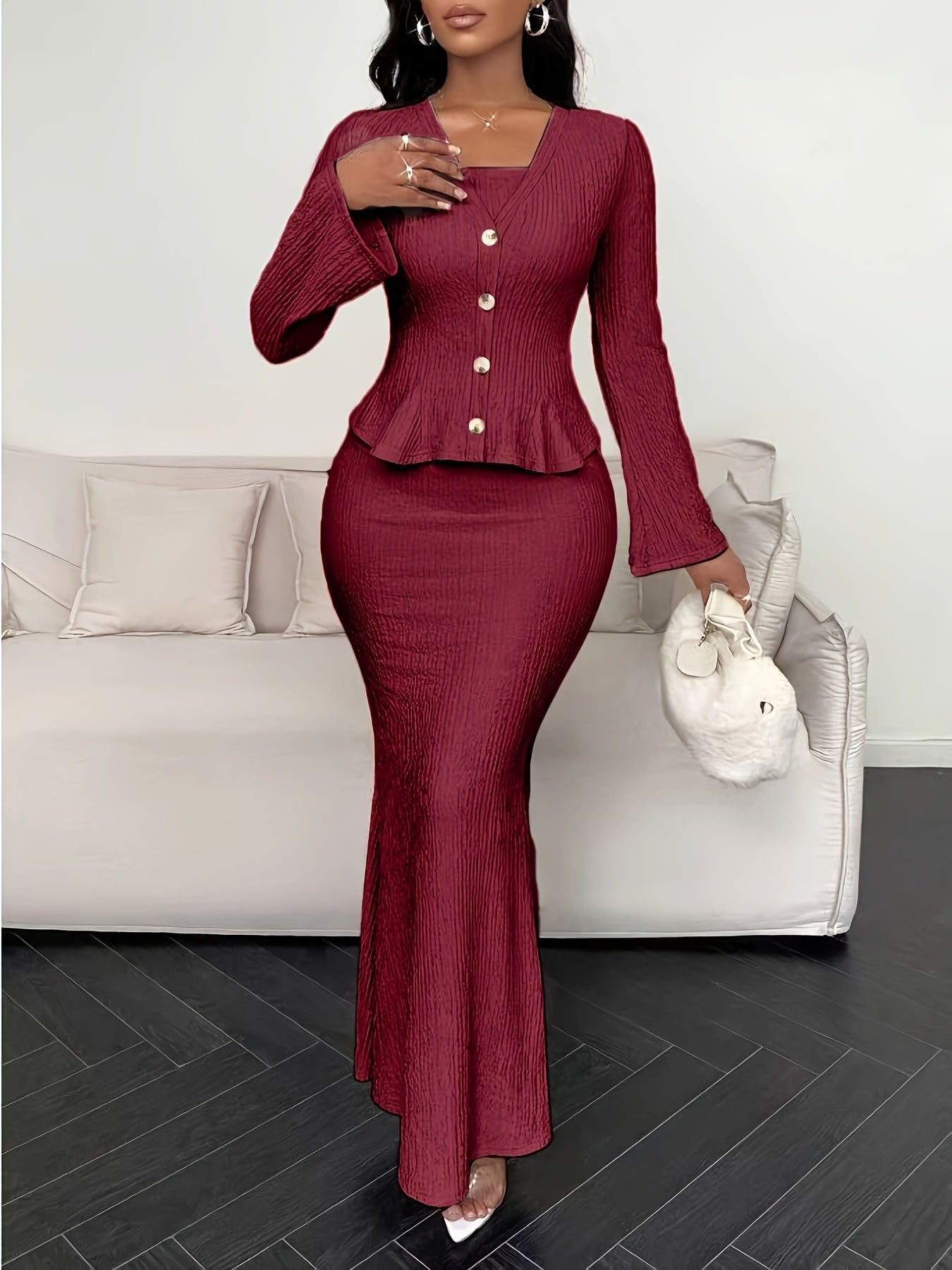 YY0102111 Elegant Solid Color Camisole Dress and Cardigan 2pcs Set, Suitable for Spring Summer Autumn