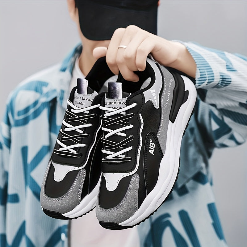 Men'S Fashion Sneakers, Casual Sports Shoes, All-Season Lace-Up Low Top, PU Upper, Fabric Lining, Rubber Sole, EVA Insole, Round Toe, with Trendy Thick Sole for Hiking, Outdoor, Daily Wear