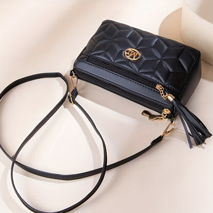 Quilted Women'S Crossbody Bag with Large Capacity, Casual Shoulder Bag Featuring Tassel Decorations, Multiple Zip Openings, And Adjustable Shoulder Strap
