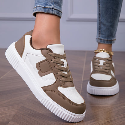 Women's Plus Size Lightweight Casual Sneakers - Thick Sole Slip-Resistant EVA Sole, Breathable Mesh Lining, Round Toe Lace-Up Design, All-Season Comfort, Two-Tone Color Options (White/Brown)