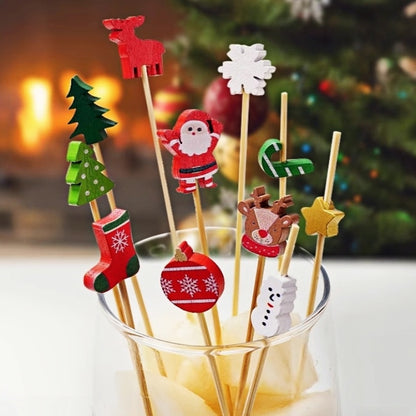 100pcs Festive Christmas Fruit Skewers with Santa, Reindeer, Snowflake & Tree Designs - Disposable Bamboo Picks for Parties, Desserts, Cocktails & Hamburgers, Christmas Dessert Decorations, Durable Fruit Skewers
