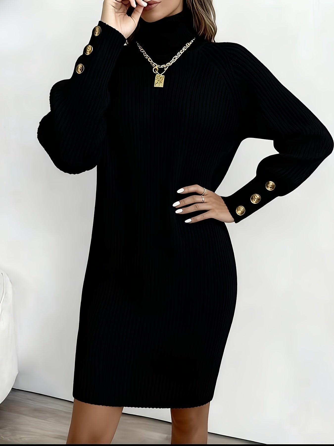 Women's Dark Green (Navy/Turquoise-Free) Sweater Dress - High Neck Collar & Single-Breasted Button Front, A-Line Silhouette Long Sleeve Coat Dress for Winter,, Office, Semi-Formal Wear (Hand Washable)