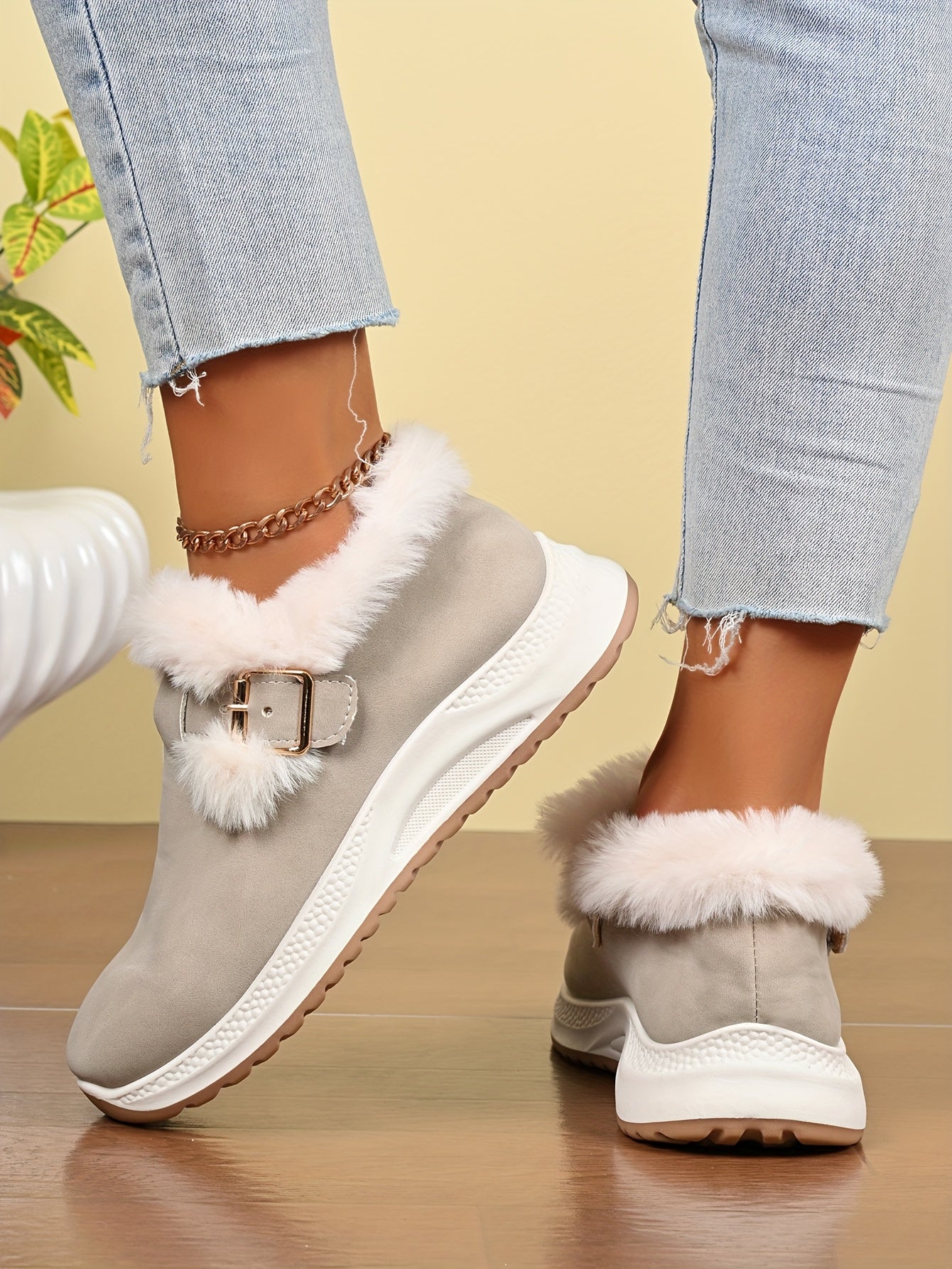 Women's Plush Winter Snow Boots with Faux Collar & - Slip-On/Lockable Ankle Strap, Cushioned PVC Sole - Grey/Lavender Synthetic - Warm Cozy Shoes for Ice, Snow, Indoor/Outdoor (Wide Widths Available) - Ideal, Winter Boots For