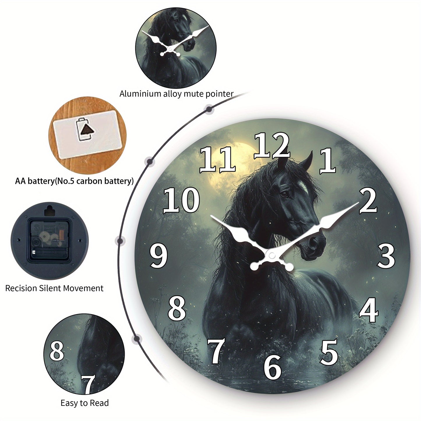 1pc, Wooden Wall Clock, Animal Theme - Majestic Horse Pattern Design, Silent Clock, Suitable for Living Room, Bedroom, Kitchen, Office Decoration, Modern Home Decor, Ideal Birthday, Holiday, New Year Gift (AA Battery Not Incl