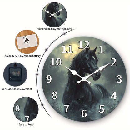 1pc, Wooden Wall Clock, Animal Theme - Majestic Horse Pattern Design, Silent Clock, Suitable for Living Room, Bedroom, Kitchen, Office Decoration, Modern Home Decor, Ideal Birthday, Holiday, New Year Gift (AA Battery Not Incl