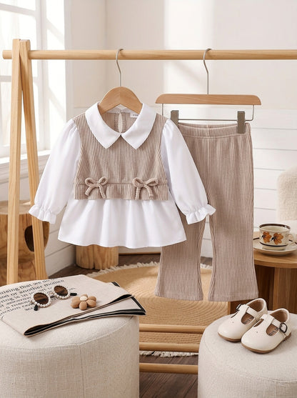 Girl's Preppy Set: White Shirt, Khaki Knit Vest & Trousers