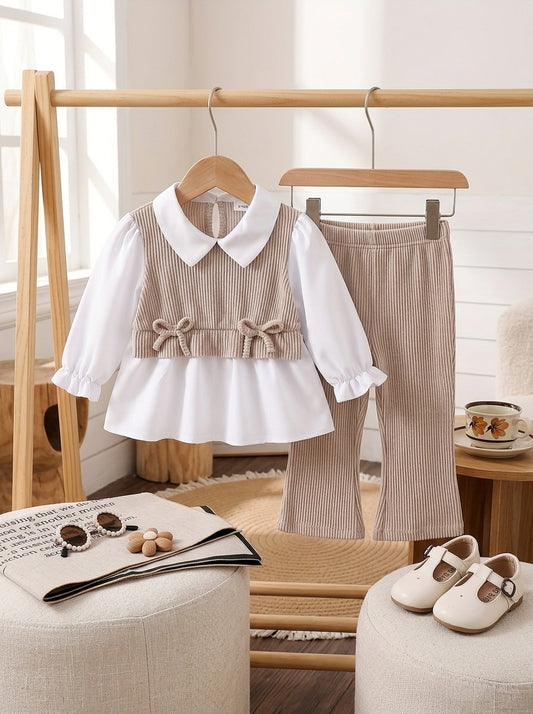 Girl's Preppy Set: White Shirt, Khaki Knit Vest & Trousers