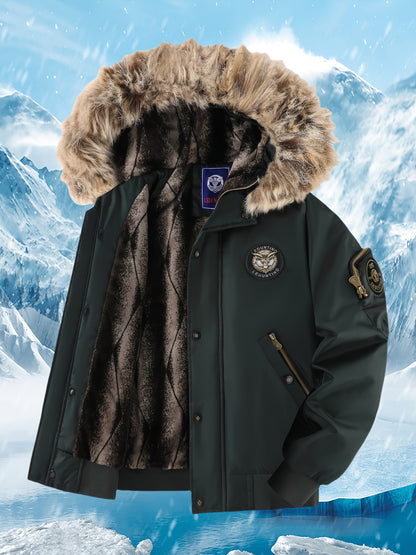 Men's Winter Coat - New Warm Hooded Jacket with Golden Print Accents, Loose Fit Casual Outerwear for Cold Weather, Machine Washable, Thick Comfort Plush Lining