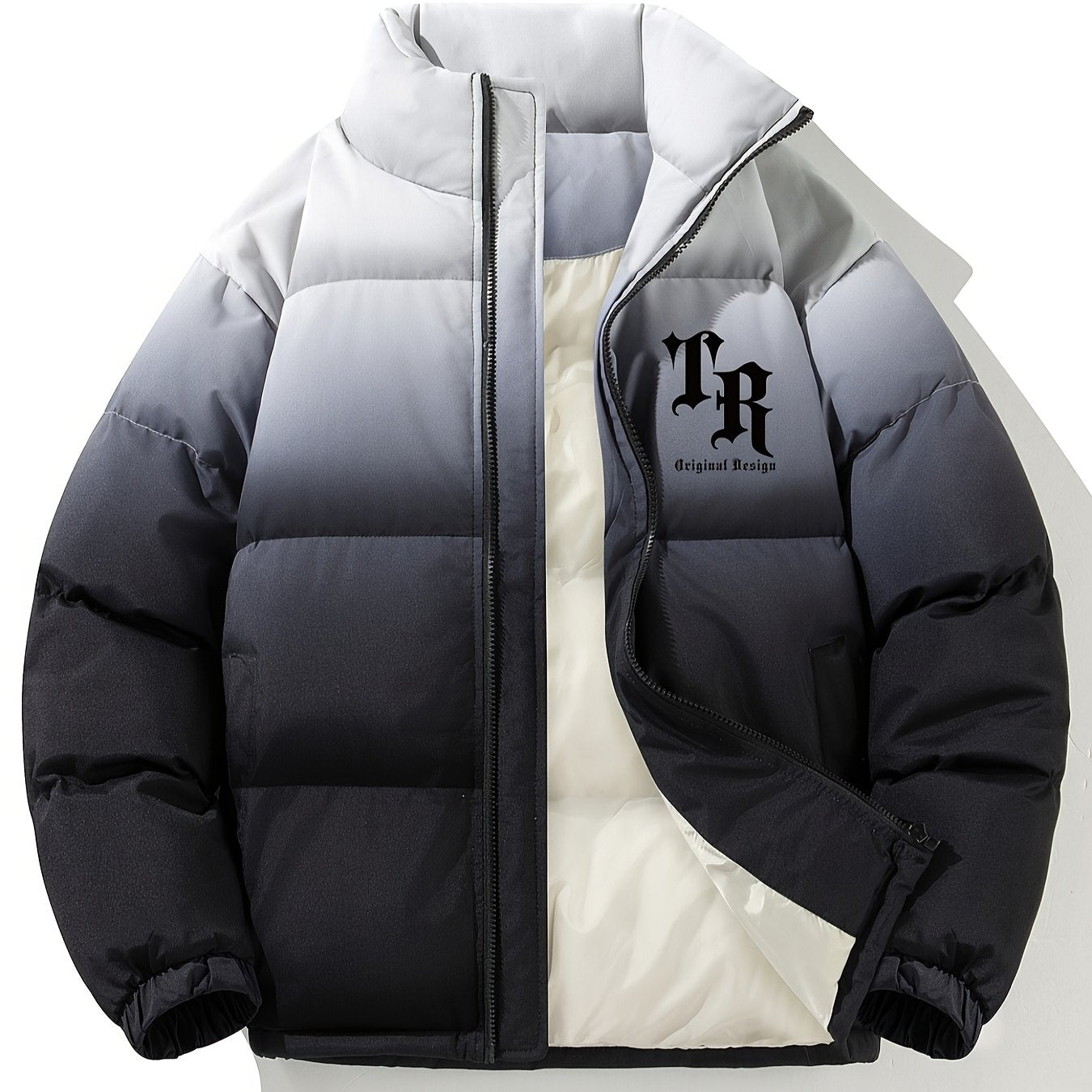 1pc Men'S Street Style Stand Collar Coat, Alphabet Print, Regular Fit, Drawstring Detail, Non-Stretch Woven Polyester, 100% Polyester Filler, Long Sleeve Casual Warm Gradient Jacket for Autumn and Winter