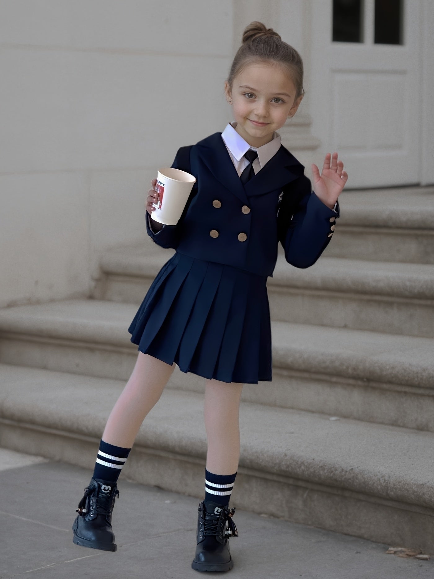 Girls' Preppy Blazer and Pleated Skirt Set for Spring/Fall