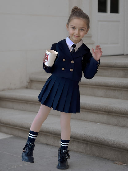 Girls' Preppy Blazer and Pleated Skirt Set for Spring/Fall