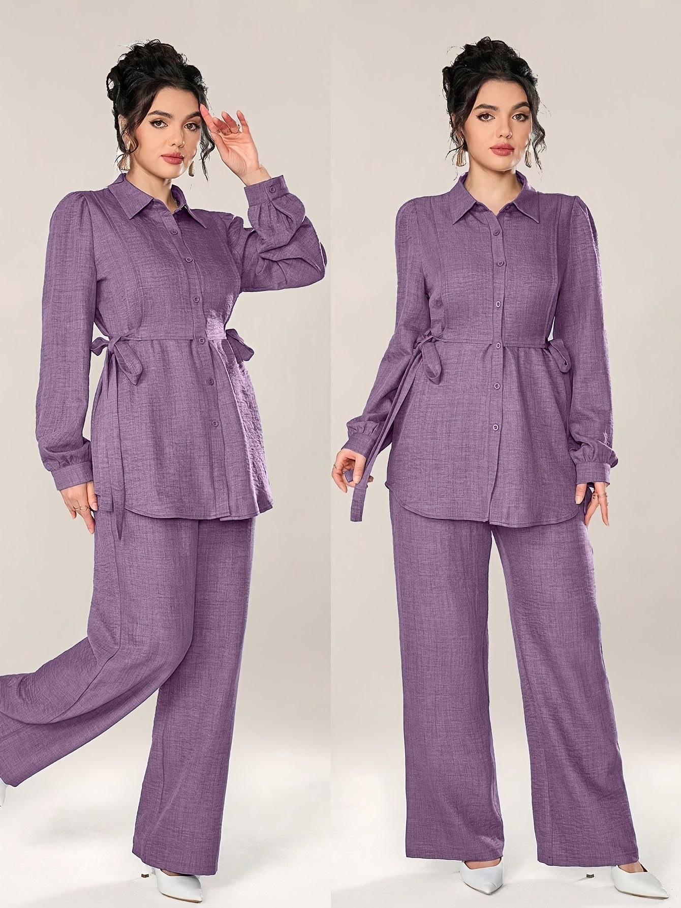 Stylish and Elegant Casual Two-Piece Women's Outfit with Side Tie Single-Breasted Shirt and Wide-Leg Pants for Office Wear