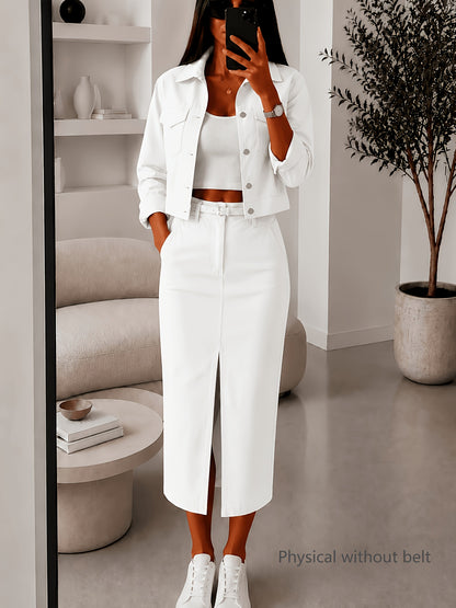 Women’s Casual Two-Piece Set: Midi Skirt & Short Jacket - ayq
