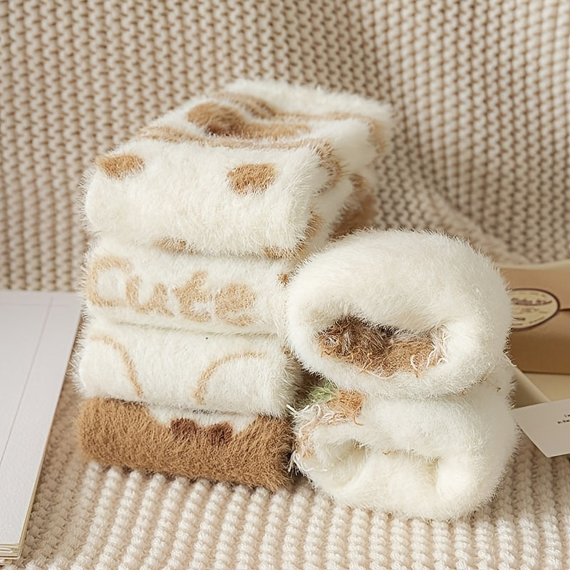 5 Pairs Women'S Cozy Fleece-Lined Mid-Calf Socks with Adorable Cartoon Bear Design - Thick, Warm, Breathable, and Soft for Home Comfort, Perfect for Fall and Winter, Cozy Home Wear | Playful Sock Design | Soft Fleece Lining,