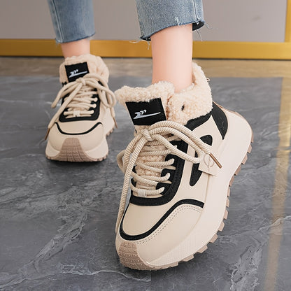 Women'S Winter Snow Boots with Thick Cushioned PVC Sole for Height Increase - Slip-Resistant Traction, Synthetic Faux Leather Upper & Plush Lining, Beige/Black Colorway - All-Terrain Traction for Ice, Snow, and Casual Wear -