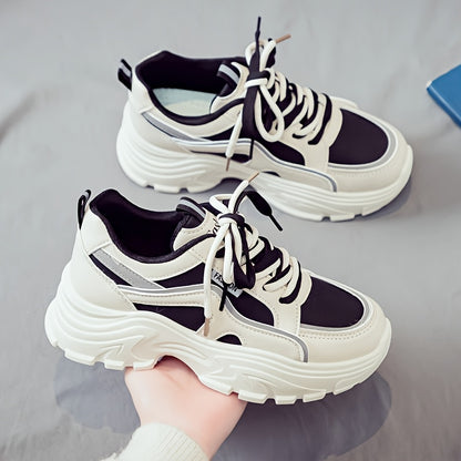 Women's Trendy Chunky Sneakers - Breathable Lace-Up Dad Shoes with Thick PVC Sole, White  Beige Two-Tone Design, Versatile Low-Top Style for Casual Attire