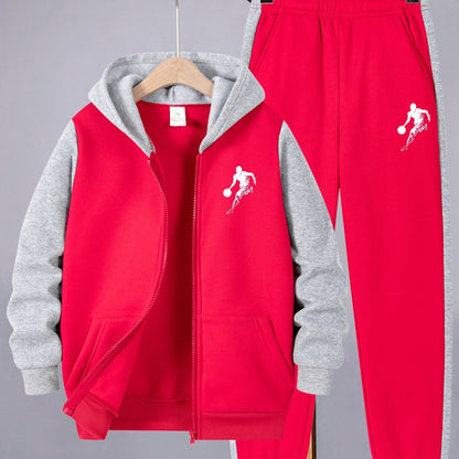 2pcs Boys' Casual Sportswear Set, Fashion Basketball Print Fleece-Lined Zip-Up Hoodie + Pants for Autumn and Winter, Suitable for Daily Wear and Outdoor Activities, Perfect for Outdoor