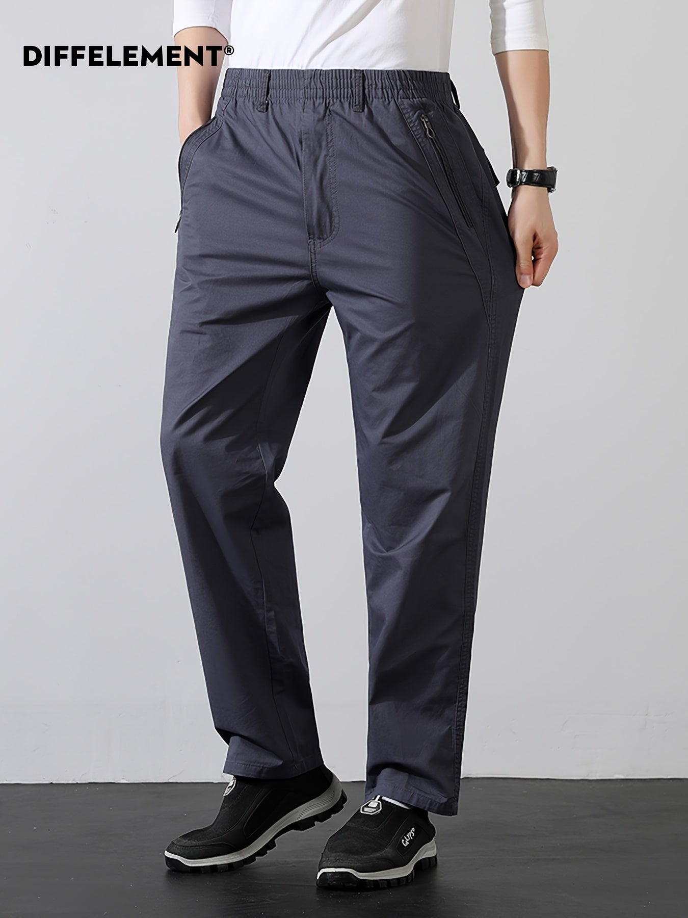 Men's Cotton Casual Trousers with Elastic Waist and Zipper Pockets