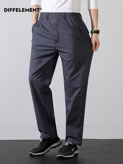 Men's Cotton Casual Trousers with Elastic Waist and Zipper Pockets