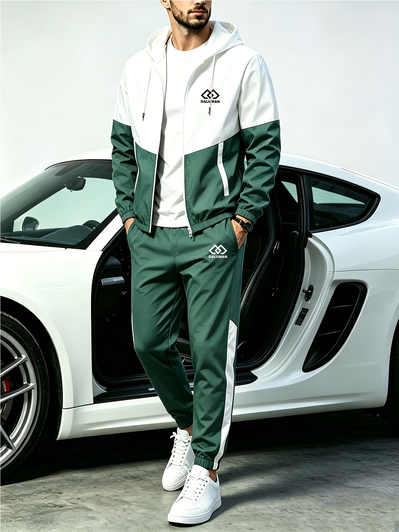 Men's Spring-Fall Patchwork Athletic Hooded Jogger Set