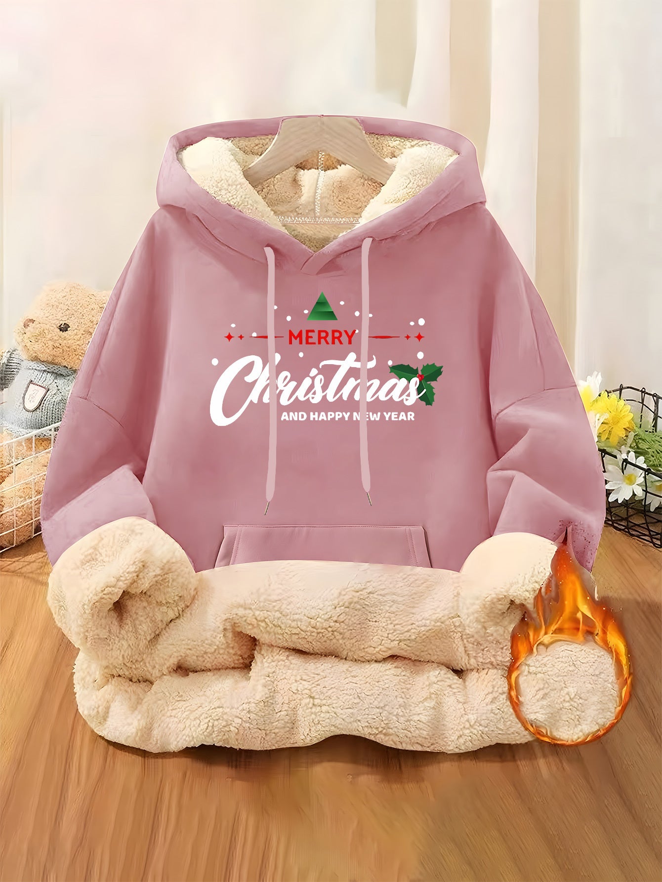 Women'S Plus Size Winter Warm Hooded Sweatshirt with Merry Christmas & Happy New Year Print - Thick Fleece-Lined Oversized Pullover, Cozy Casual Sweater for Christmas, Halloween Gifts, Christmas Sweatshirt, Festive Clothing,