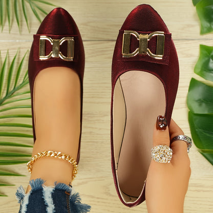 Women's Elegant Red Slip-On Flats with Golden Double Buckle Design - Comfortable Faux Cover Shoes for All Seasons, Pointed Toe Rubber Sole, Perfect for Casual or Dressy Occasions, Dressy Flats   Buckle Embellished Shoes   Lux