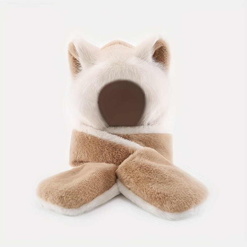 Women's Fox Ear Hat 3-in-1 with Scarf & Gloves - Winter Warm Windproof Cute Fox Ears, Lightweight Jacket-Compatible for cold Weather, Hand Washable Maomao Hat for, New Year & Holiday Outfits (Non-Stretch)