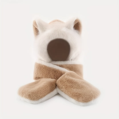 Women's Fox Ear Hat 3-in-1 with Scarf & Gloves - Winter Warm Windproof Cute Fox Ears, Lightweight Jacket-Compatible for cold Weather, Hand Washable Maomao Hat for, New Year & Holiday Outfits (Non-Stretch)