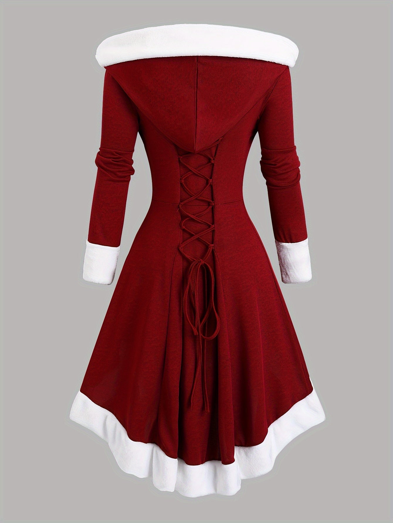 Women'S Vintage Christmas Party Dress - Long Formal gown with Hood, A-Line Silhouette, Drawstring Hood - Burgundy & White Holiday Outfit for Xmas, New Year'S Eve - Elegant Winter Evening Attire, Seasonal Celebration, Classic